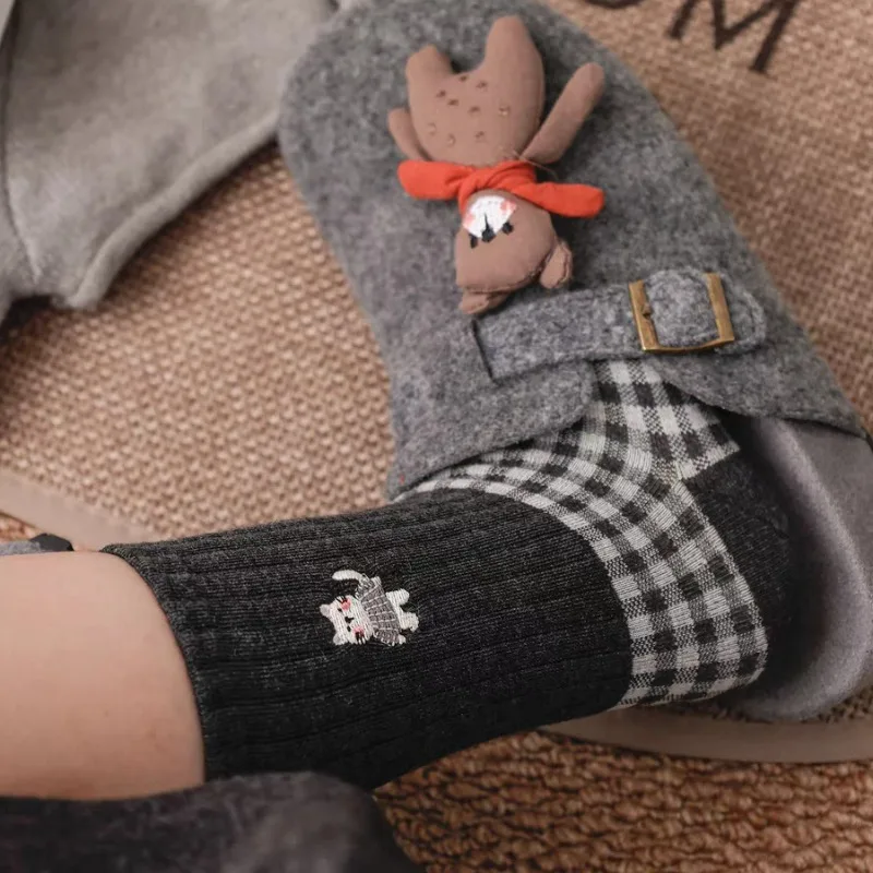 Soft Cotton Plaid Socks for Women Gray Black White