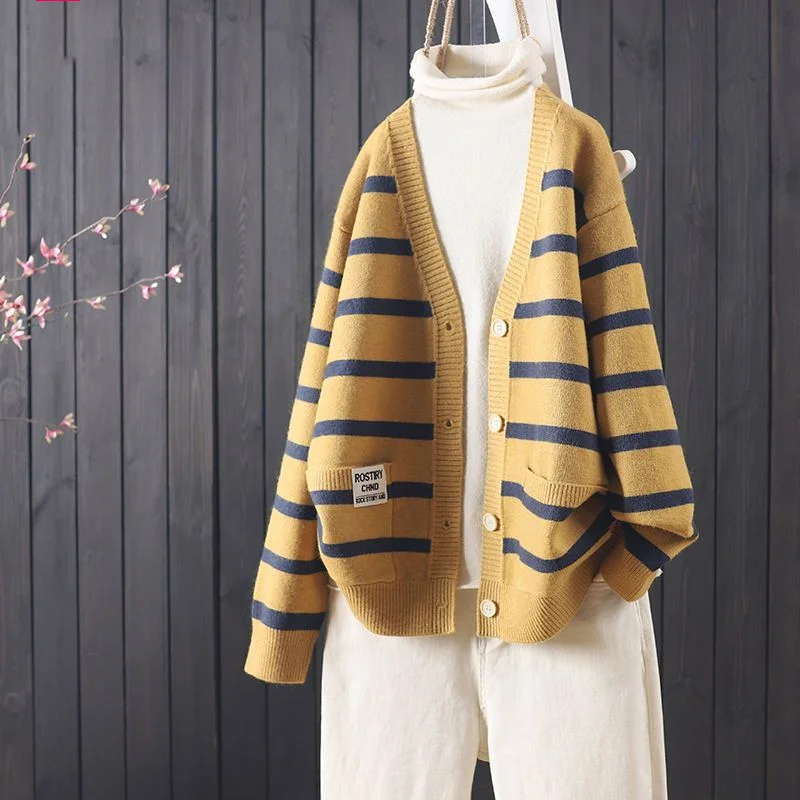 

Striped Autumn Vintage V-neck Long Sleeved Winter Loose Casual Color Matching Comfortable Versatile Knit Single Breasted Jacket