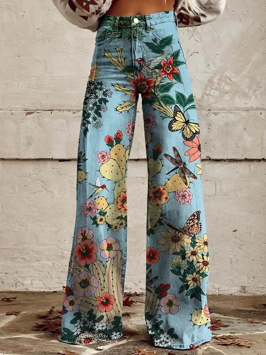 2024 New Hot Selling Sports Leisure Women's High Waist Tight Fashion Flower Imitation Jeans Loose Wide Leg Pants