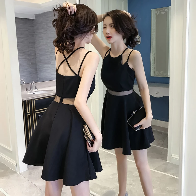 

2022 New Summer Dresses Women's Fashion Slim Sexy Backless A-Line Small Black Dress Female Mesh Stitching Suspender Dresses