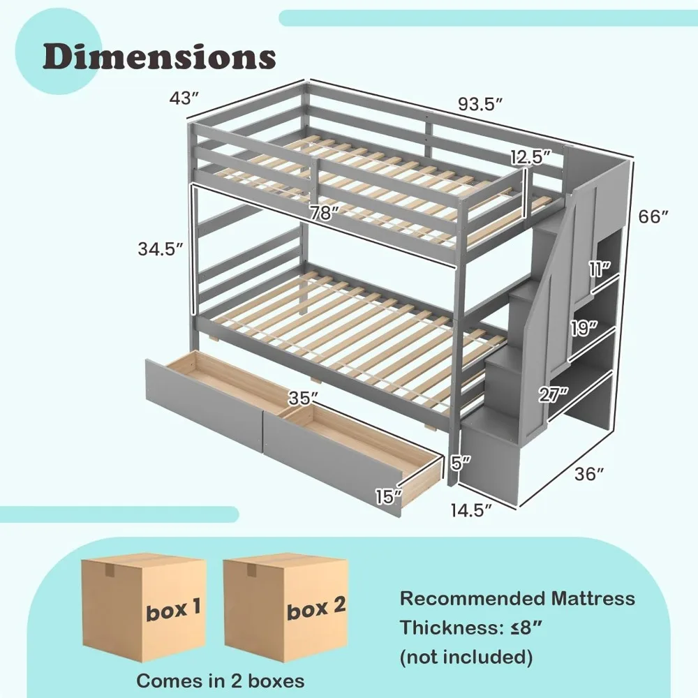 Solid Wood Bunk Bed with Full-Length Guardrails, Convertible to 2 Beds, Children Beds 5