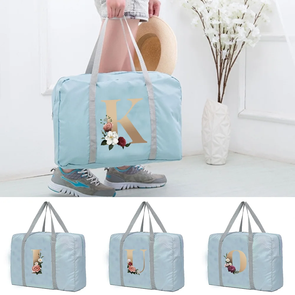 Large Capacity Travel Bag Unisex Organizers Foldable Luggage Handbags Clothes Storage Duffle Carry on Bags Gold Lettern Series