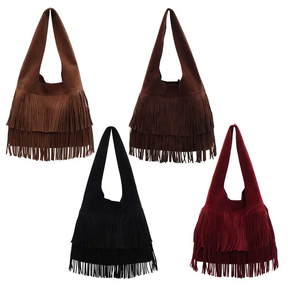 Women Frosted Slouchy Hobo Bag Faux Suede Fringe Underarm Bag Large Capacity Travel Tote Handbag Ladies Commute Bag
