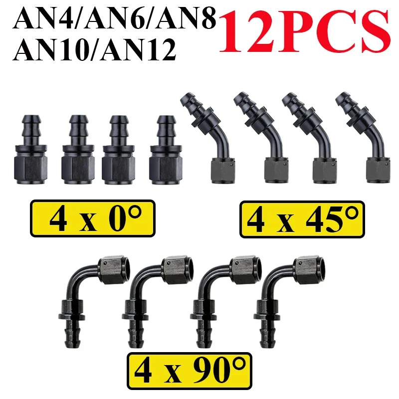 

12Pcs AN4 AN6 AN8 AN10 AN12 Push-on Hose End Fittings Fuel Oil Cooler Hose Fittings 0 45 90 Degree Reusable Connection Adapter