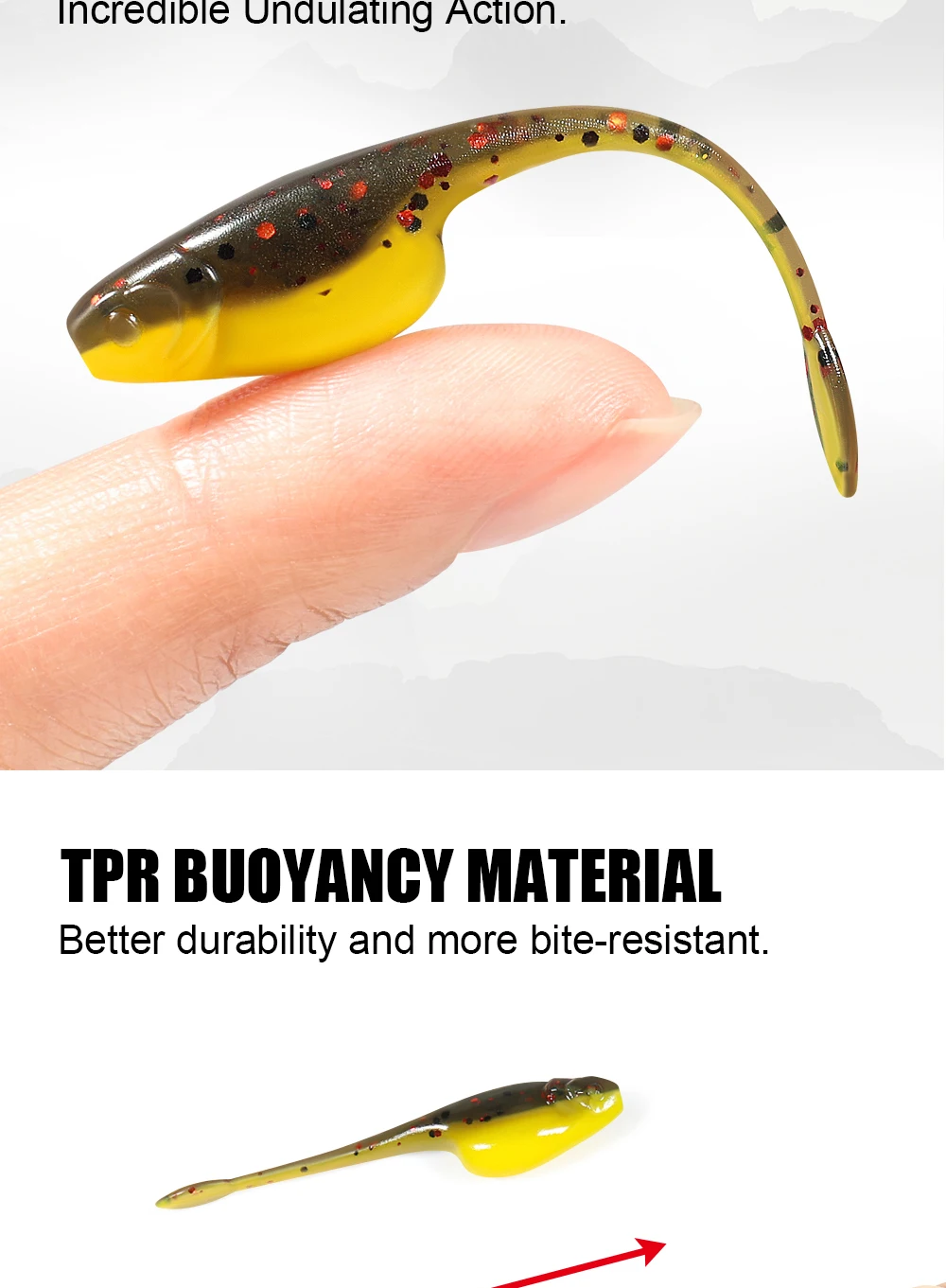 Description Picture 4 of itemRosewood Crappie Minnow Shad Soft Baits 5cm Ajing Worm Fishing Lure Willow Tail TPR Floating Drop Shot Ocean Rock Fishing Tackle