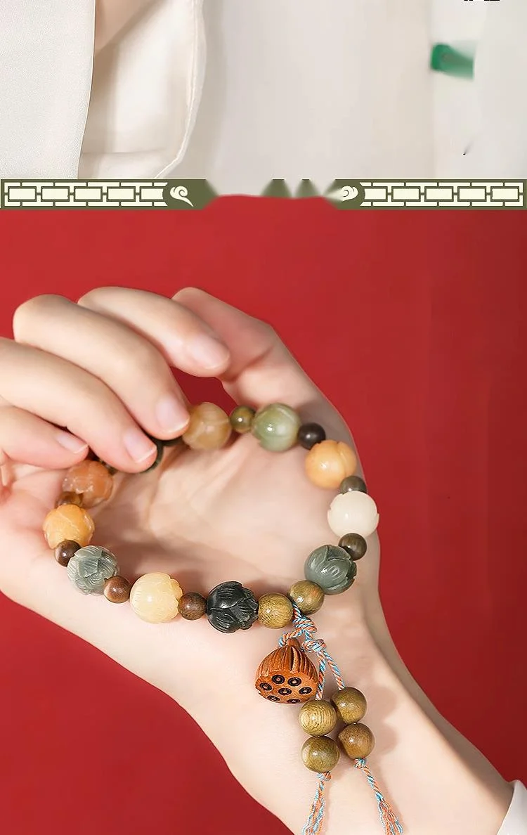 Lingyin Wealth God Same Style Rich Flower Lotus Colored Bodhi Green Sandalwood Water Grass Agate Handcarved Hand Strand, A Lot Of Money And Good Luck_voghion.com