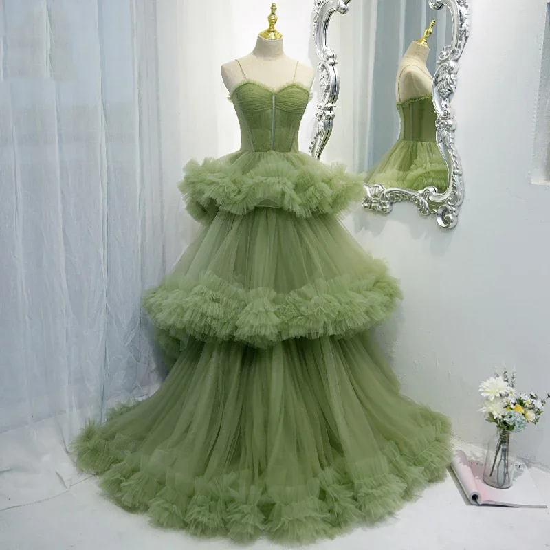 

Elegant Grass Green Tulle Sweetheart Vest Evening Dresses Layered A-line Spaghetti Strap Poncho Dress Prom Party Gowns 2023