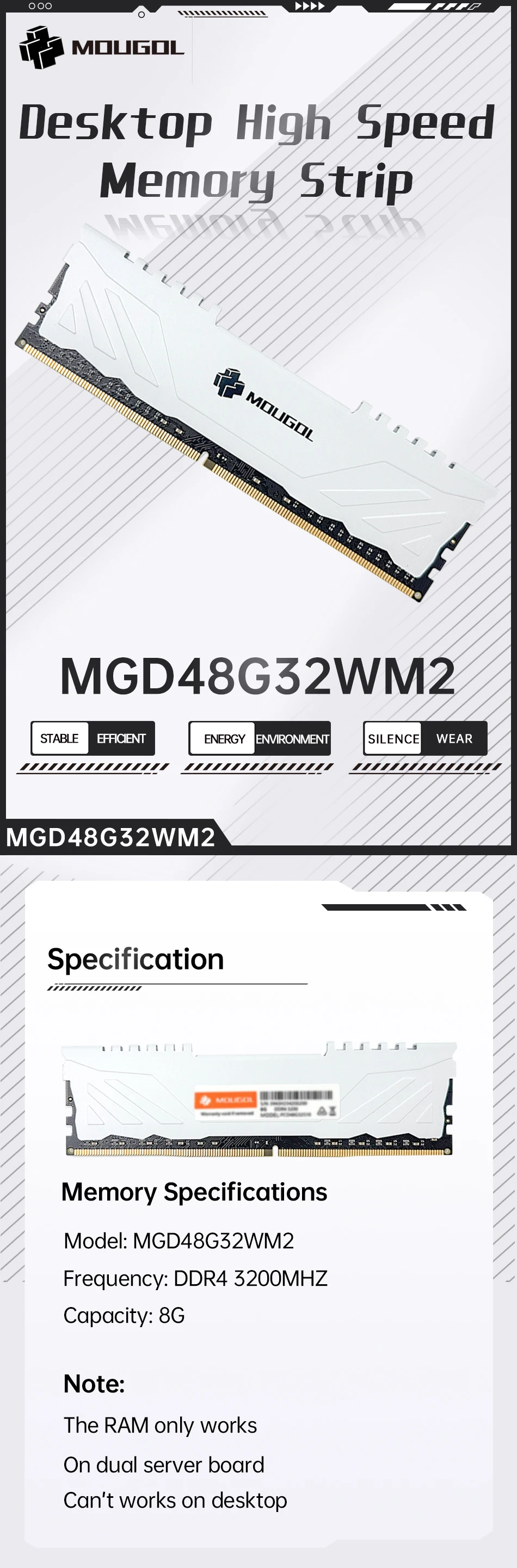 Description Picture 2 of itemMOUGOL RAM DDR4 8GB 3200MHz 288Pin Memory 1.35V RAMs Dual Channel Desktop Components Original Ram White