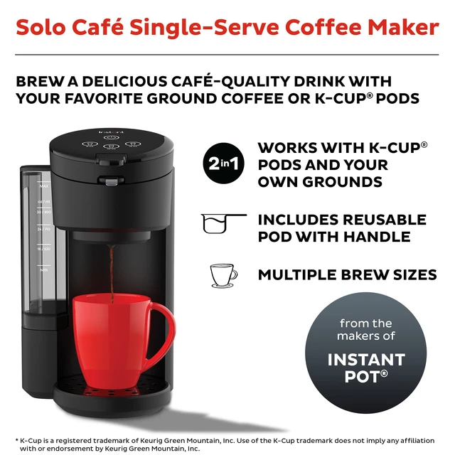 Instant Solo Café 2-in-1 Single Serve Coffee Maker for K-Cup Pods and Ground