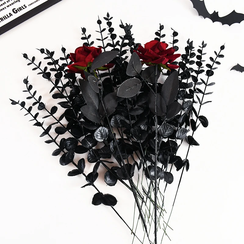 XOYTN Eucalipto Artificiale Nero Per Halloween - 36 Rami Di Pianta Finta Decorativa - Atmosfera Tenebrosa Per Festa E Giardino - 3