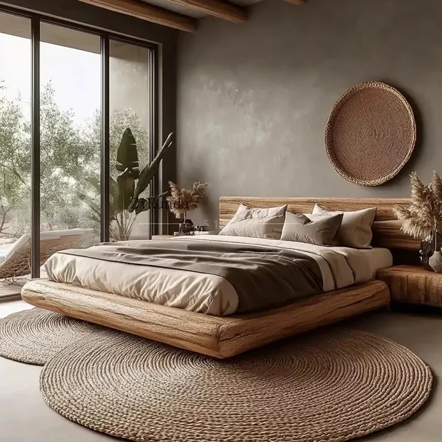 Wabi Sandy Wind Natural Edge 1.8 meters double bed, log wind solid wood bed, hotel homestay villa floor bed 4