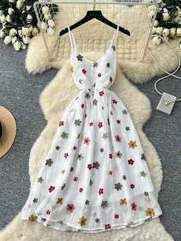 SINGREINY Embroidery Casual A-line Dress Linen Cotton French Style Sling Slim Simple Ladies Summer Floral Vacation Midi Dresses 1