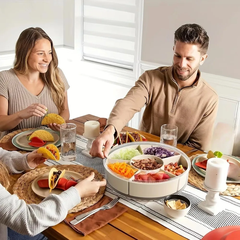 Home Living Room Fruit Tray Snack Display Divided Food Storage Box Rotatable Handheld Tray with Lid