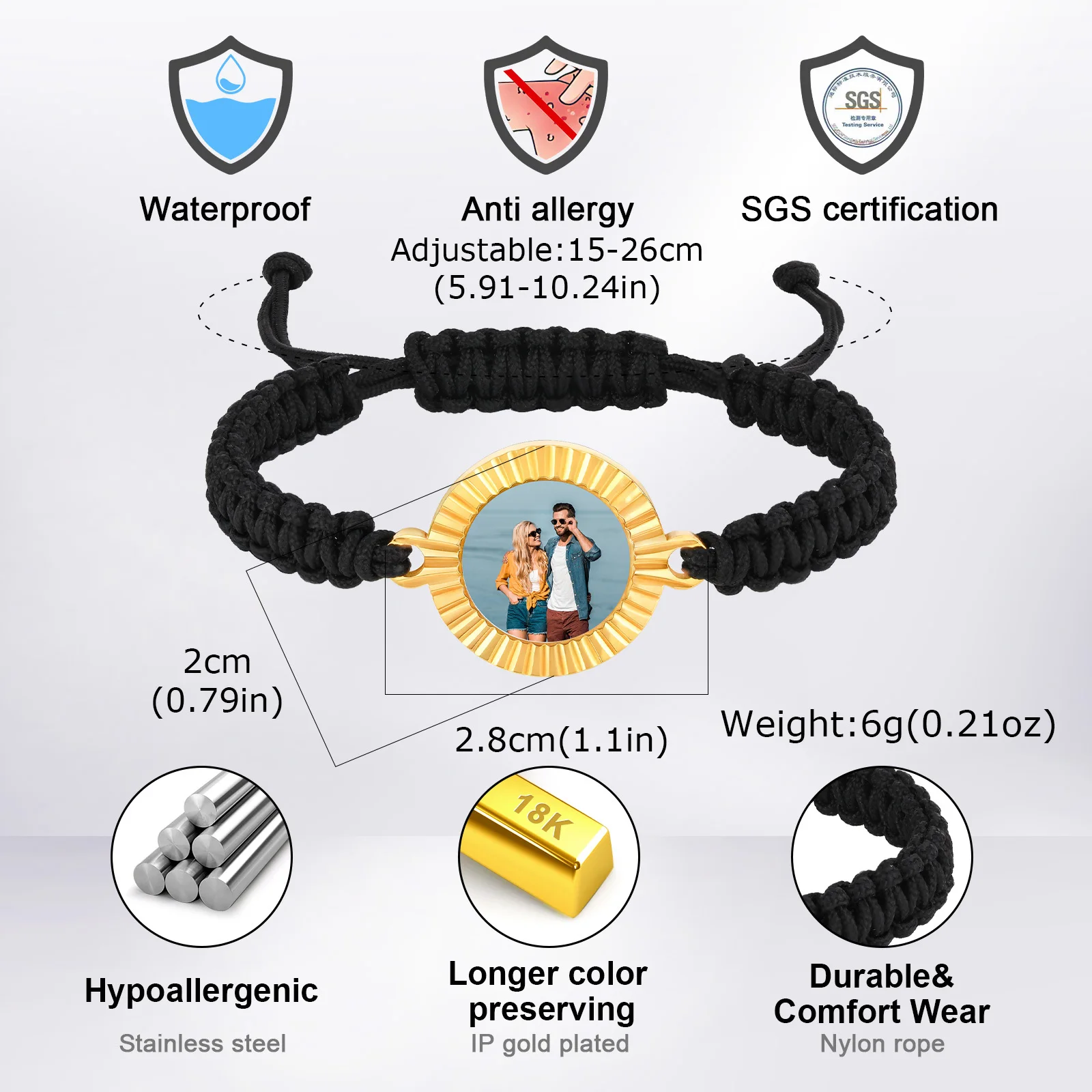 Custom Picture Black Woven Bracelet for Men,Stainless Steel Batch Flower Corrosion Round Wristband,Anniversary's Day Father Gift