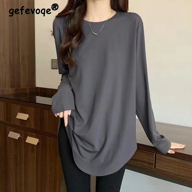 

Women's Clothing Simple Casual Streetwear Oversized Y2K Asymmetrical T-shirts Autumn Trendy O Neck Long Sleeve Basic Tunic Tops