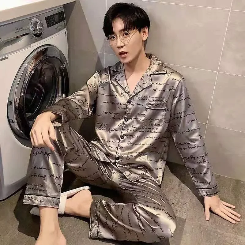 2024 New Men Ice Silk Long Sleeve Spring Autumn Large Thin Premium Striped Leopard Pattern Cardigan V-neck Loose Homewear Suit