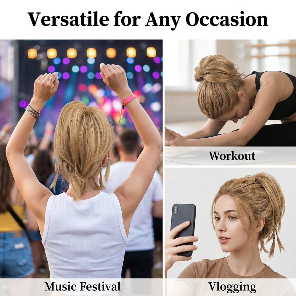 여성용 브레이드 합성 헤어피스가 있는 스트레이트 헤어 번, 내열성 섬유, 간편 착용, 데일리 파티 헤어 액세서리