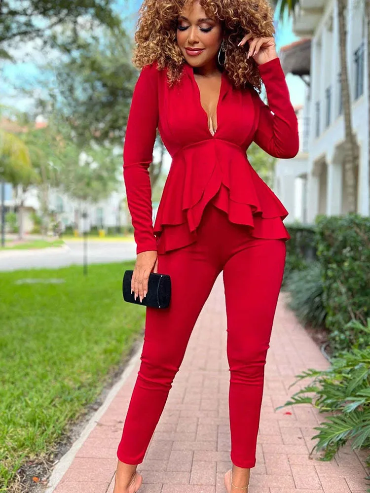 Elegant Fashoin Peplum Ruffles 2 Piece Sets Womens Outfits Long Sleeve V-neck Top and Pencil Pants Suits Party Sexy Club Outfits