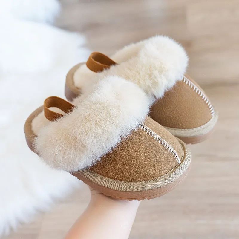 Cotton Plush Kids Slippers for Boys and Girls Solid Color Warm Winter