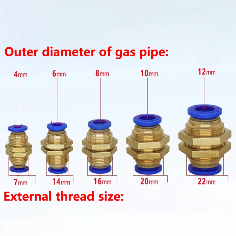 20PCS Pneumatic Fittings PM Straight Bulkhead Union Connector 4mm 6mm 8mm 10mm 12mm OD Hose Plastic Push In Gas Quick Connector
