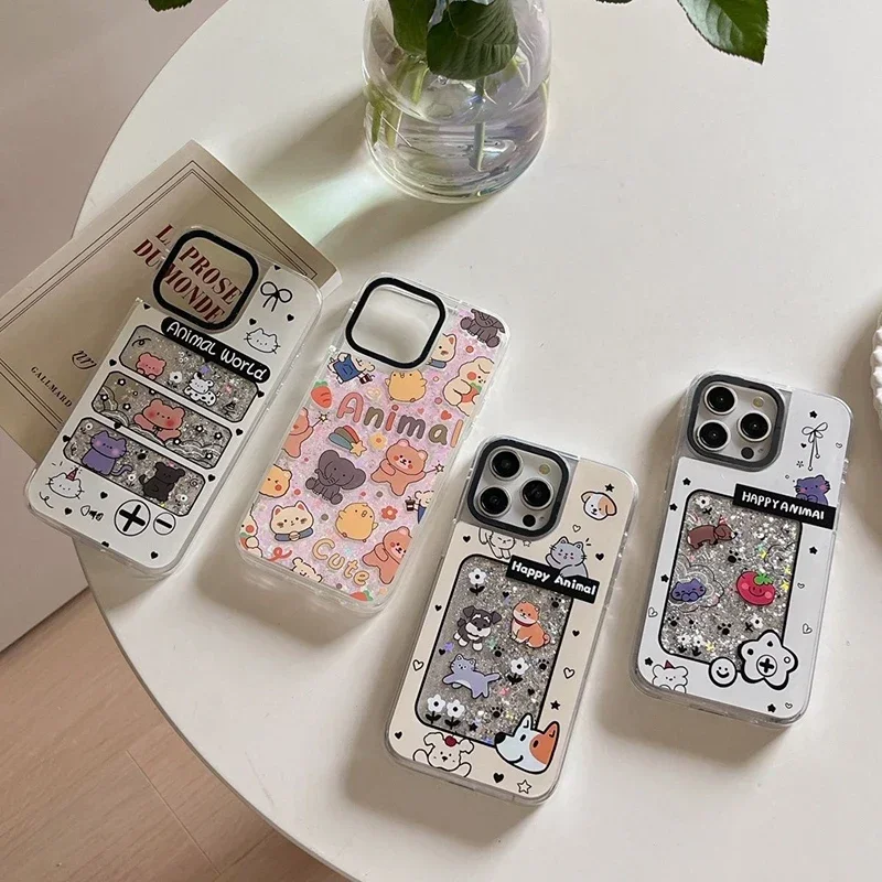 

Cute Animals Transparent Border Silver Quicksand Phone Case Cover for iPhone 12 13 14 15 Pro Max Case for IPhone 15 Pro