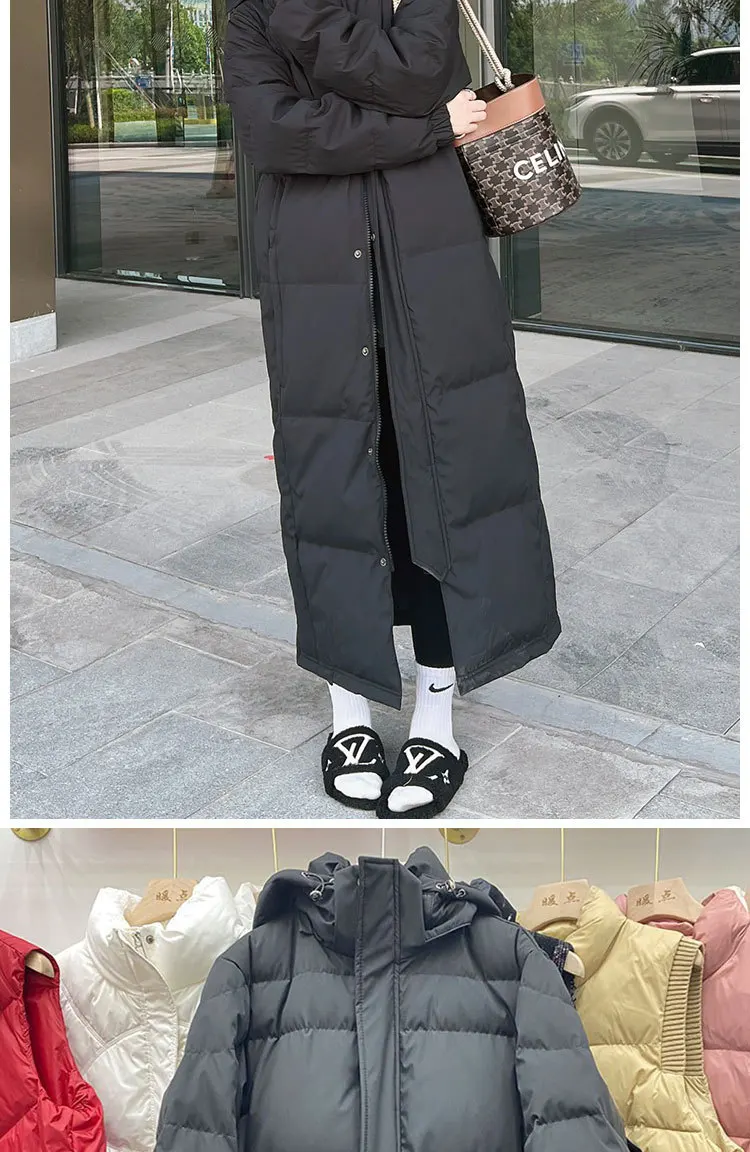 Long below the Knee down Jacket Unisex Thickened Winter New White Duck down Black Hooded Loose Extended Coat
