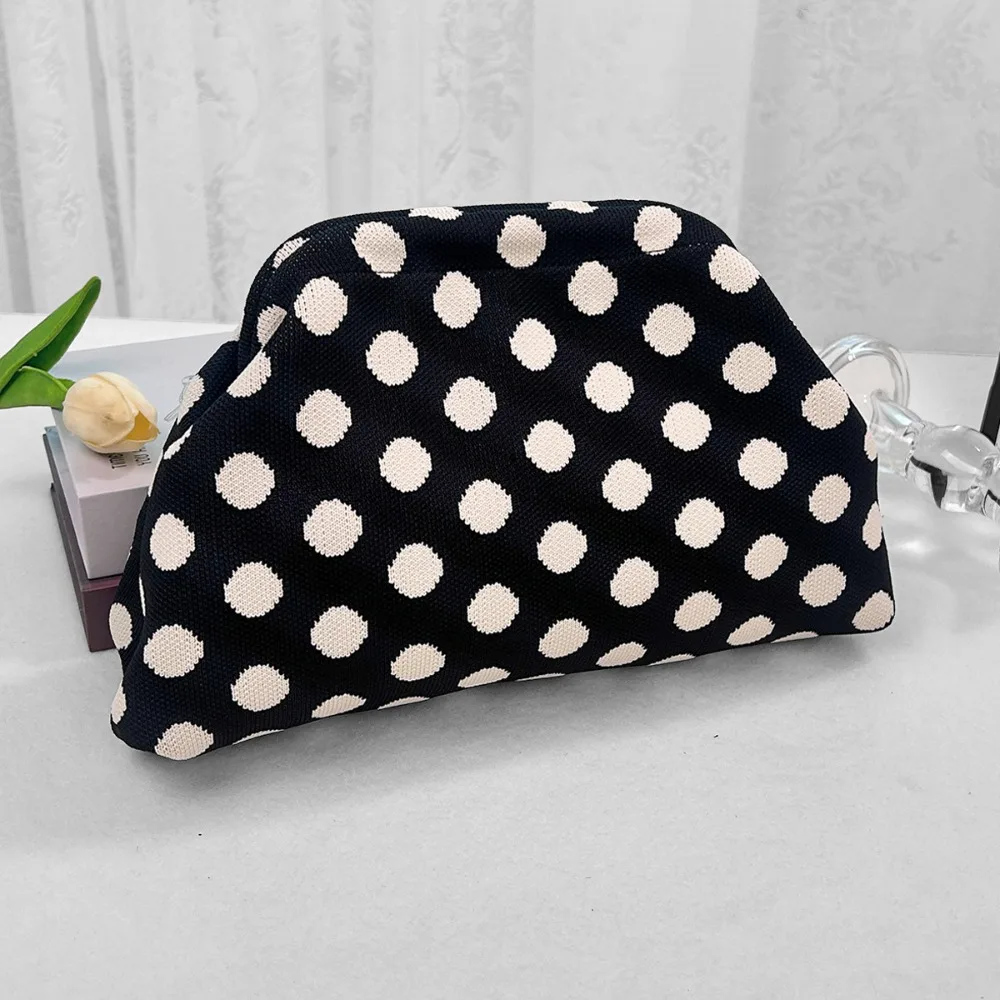 Borsa per il trucco retrò europea e americana a pois, custodia cosmetica portatile di grande capacità con blocco colore lavorato a maglia - immagine 6