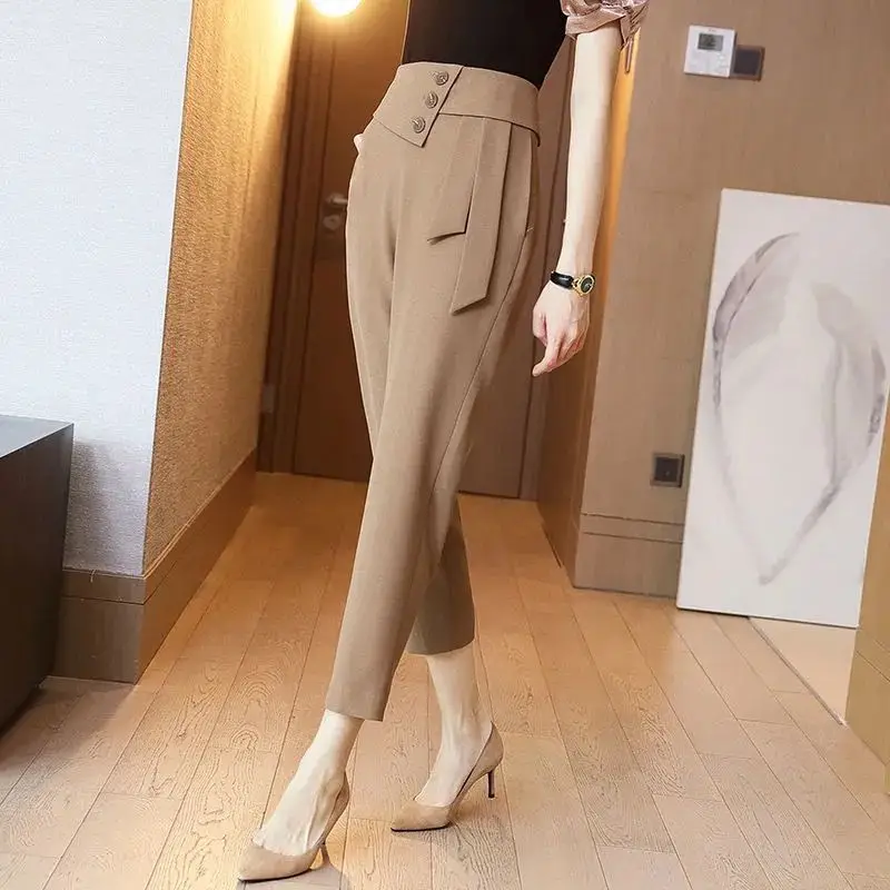 Women's Clothing Button Spliced Casual Commuter Straight Pants Autumn Office Lady Solid Color High Waist All-match Cropped Pants