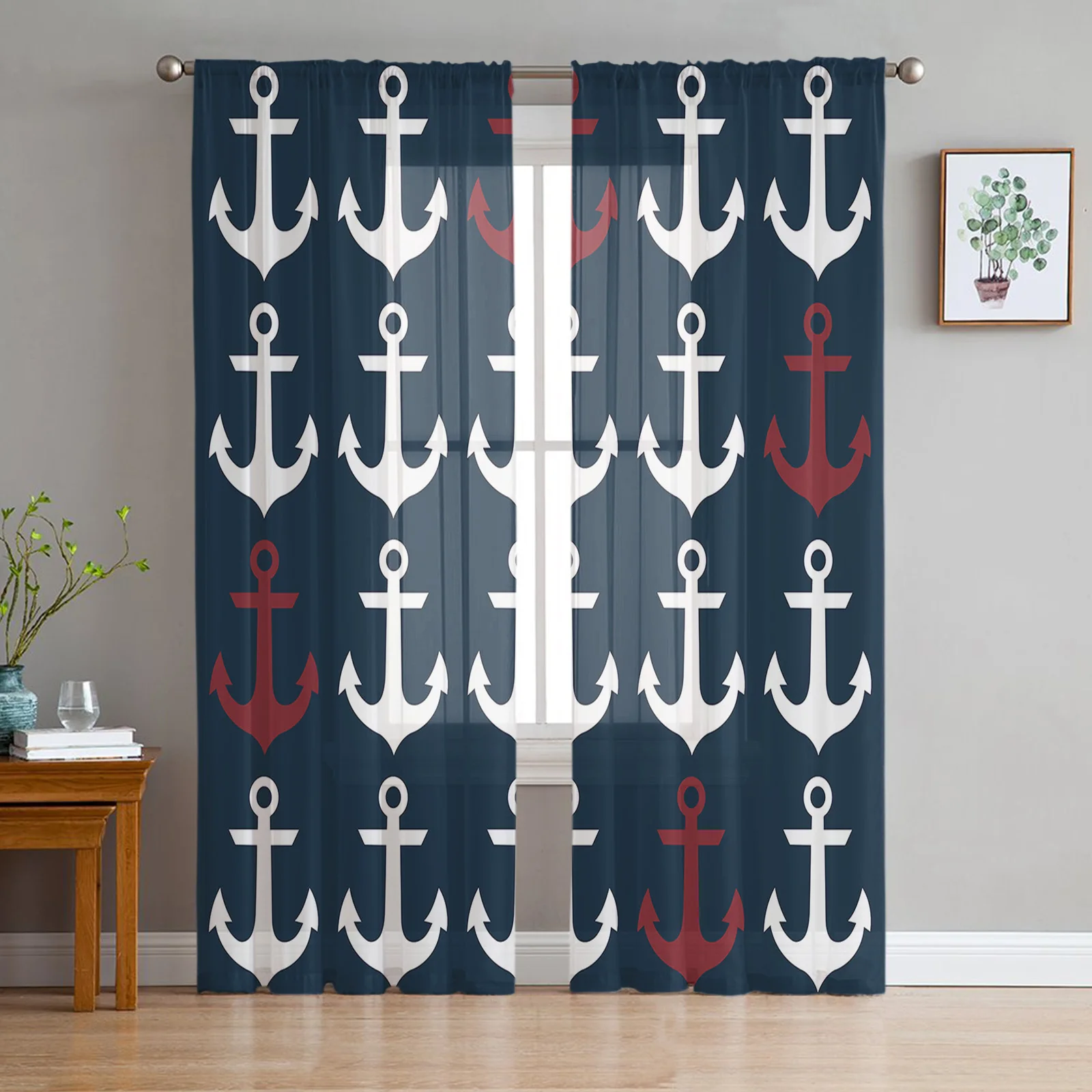 

Nautical Ocean Anchor Dark Blue Sheer Curtains for Living Room Decoration Window Curtain Kitchen Tulle Voile Organza Drapes
