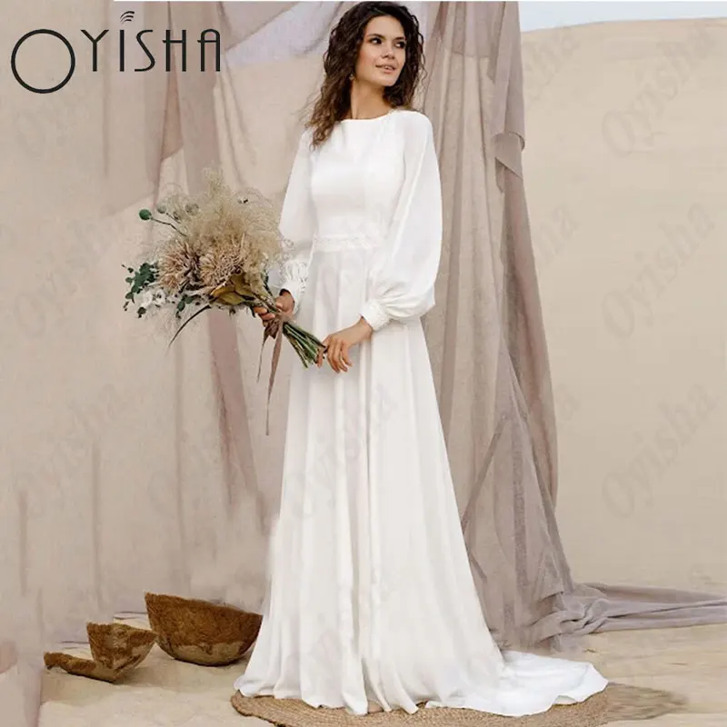 

OYISHA Appliques O-Neck Muslim Wedding Dresses Elegant Satin Puff Sleeves Bridal Gowns Ladies A-Line Exquisite Vestidos De Novia