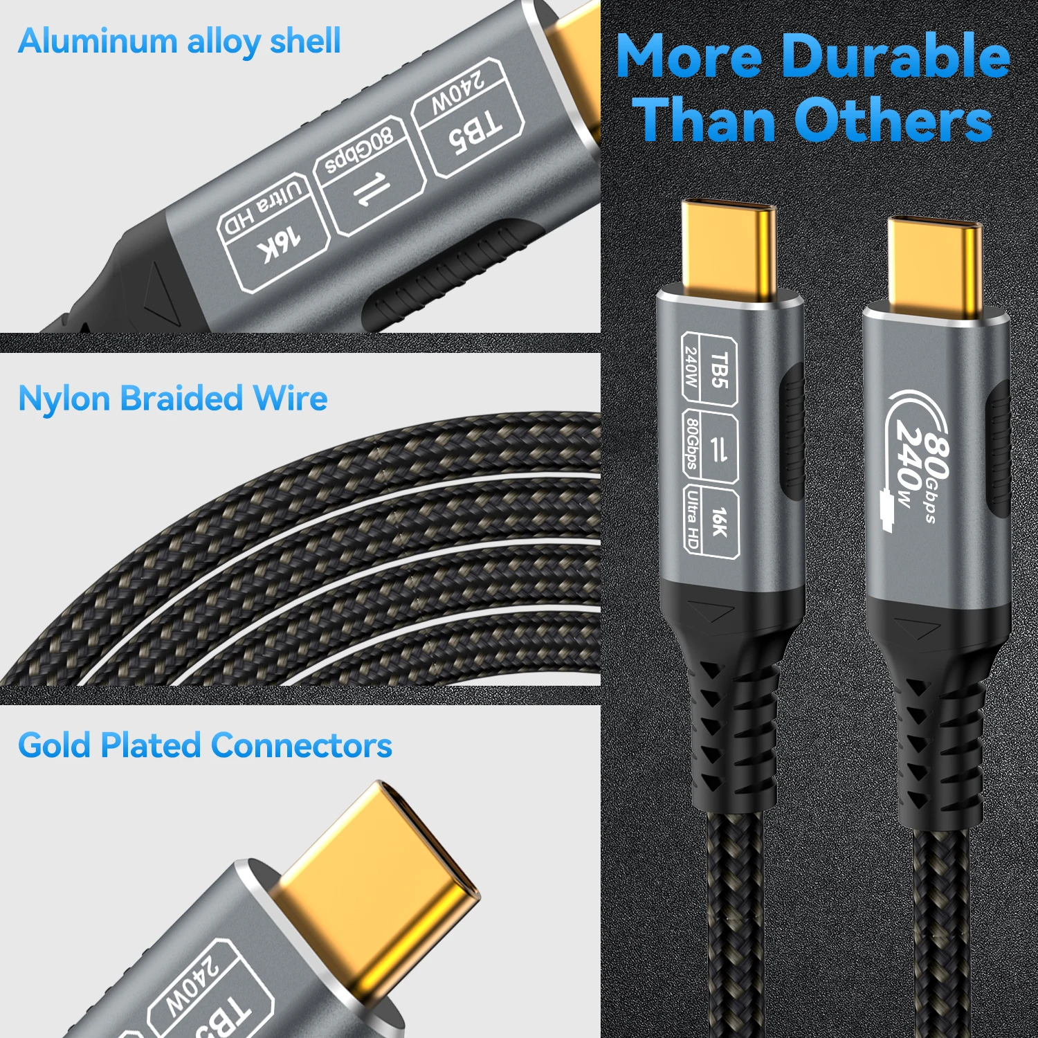 Thunderbolt 5 Type-C Cable 16K@30Hz 8K 48V/5A PD240W 80Gbps Type-C to USB C type c cable for iphone 15 Pro Tablet Switch Laptop MacBook Pro