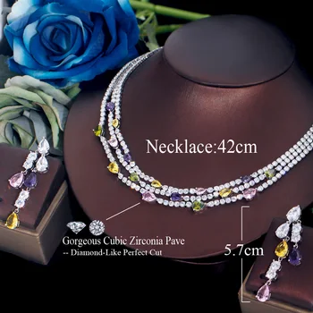 Shiny Colorful Cubic Zirconia 3 Rows Multi Layer Bridal Wedding Choker Necklace Earrings Jewelry Set for Women TZ784 5