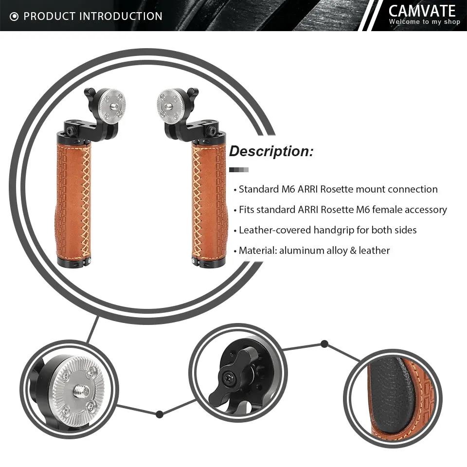 Leather ARRI Rosette Handgrip WIth Adjustable Knob M6 Male Threads Mount For DSL