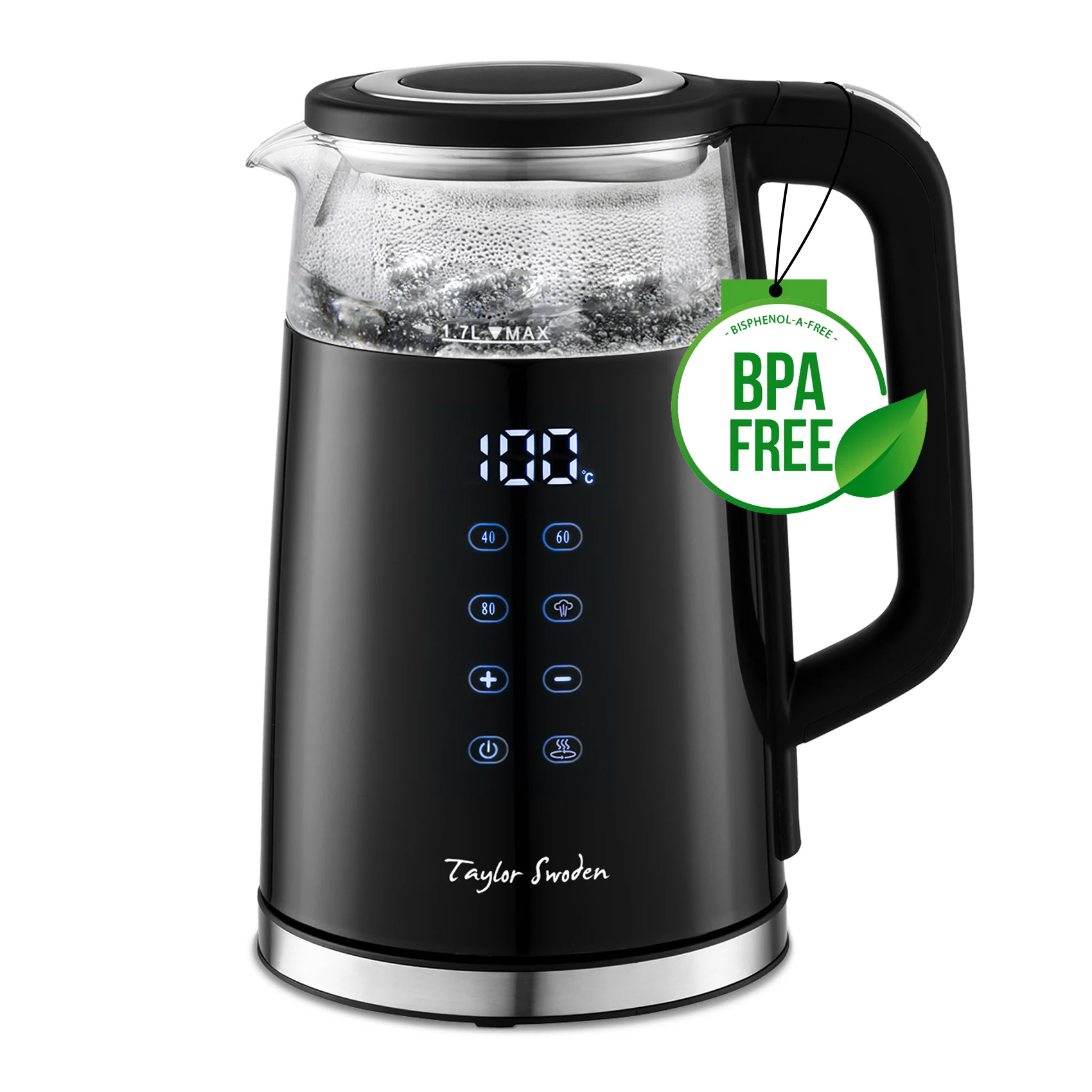 Taylor Swoden Wasserkocher 1,7 L mit Temperatureinstellung, Smart LED Digital Temperaturanzeige 40-100℃, 2200 W Edelstahl Glas Wasserkocher mit Warmhaltefunktion, BPA-frei, Schwarz
