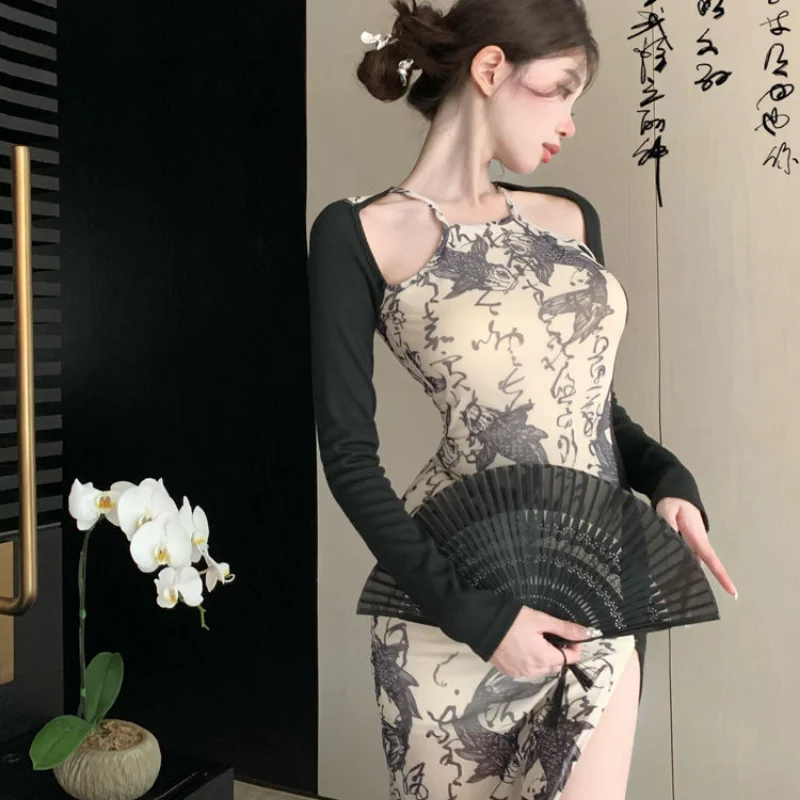 

Nomikuma Vestidos Para Mujer Halter Hollow Out Print Contrast Color Patchwork Women Clothing Chinese Style Sexy Dress for Women