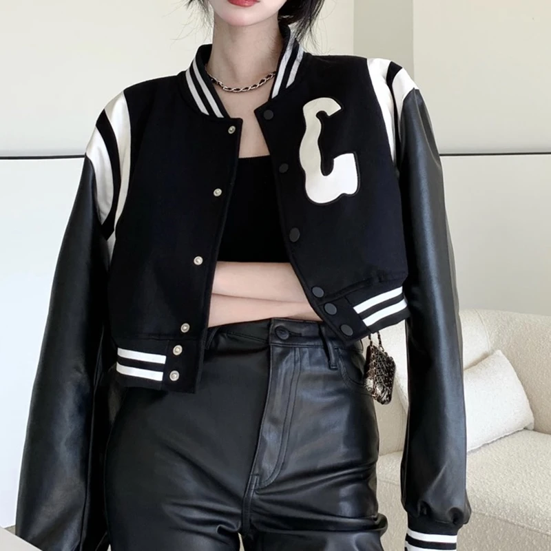 Jackets Women's Bomber Black Coats Leather Baseball Short Coat Y2k