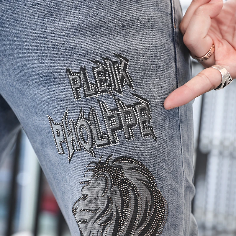 2024 spring and summer European jeans men heavy iron drill printing tide handsome casual Slim retro small leg pants