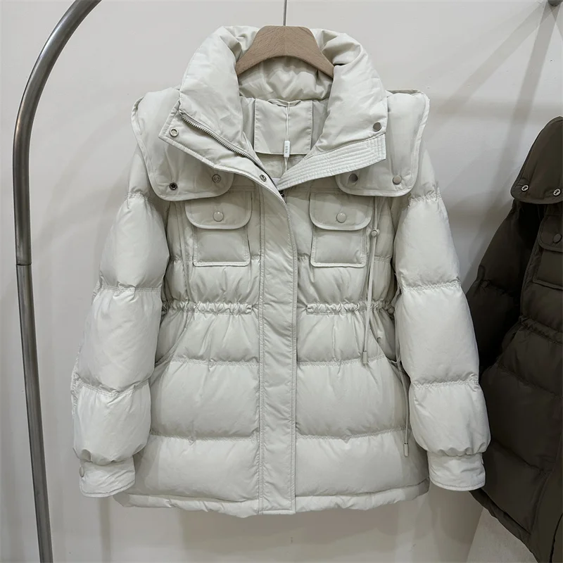 

2024 Winter Women Fashion Solid Color Puffer Jacket Female Loose Thick Warm Hooded Overcoats Ladies White Duck Down Coats Q753