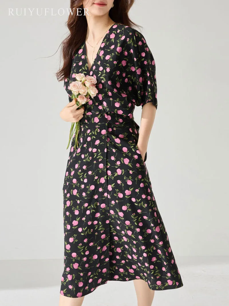 

Женское весенне-летнее платье с французским принтом, женское цельнокроеное платье с коротким рукавом и V-образным вырезом, женская одежда