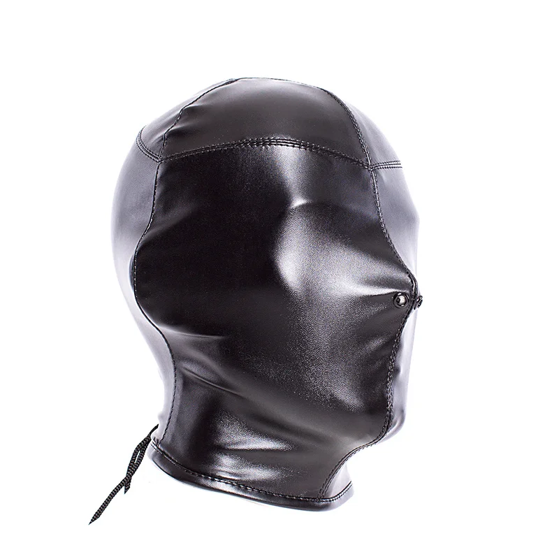 Soft PU Leather Full Covered Hood Headgear Head Mask with Nose holes Laceup 