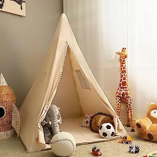 

Extra Large Cotton Teepee Tent 55x55x70 with Carry Bag, 33ft Battery Lights, Side Window, Inside and Outside Pockets, Kids Tent