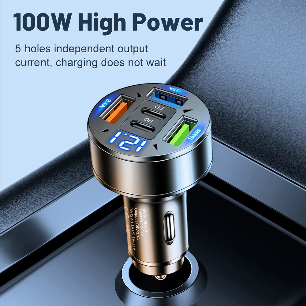 250W 5-in-1 PD QC3.0 Car Charger Fast Charging USB C for IPhone,Samsung Galaxy, IPad Pro, Multi-Port Plug Lighter Adapter