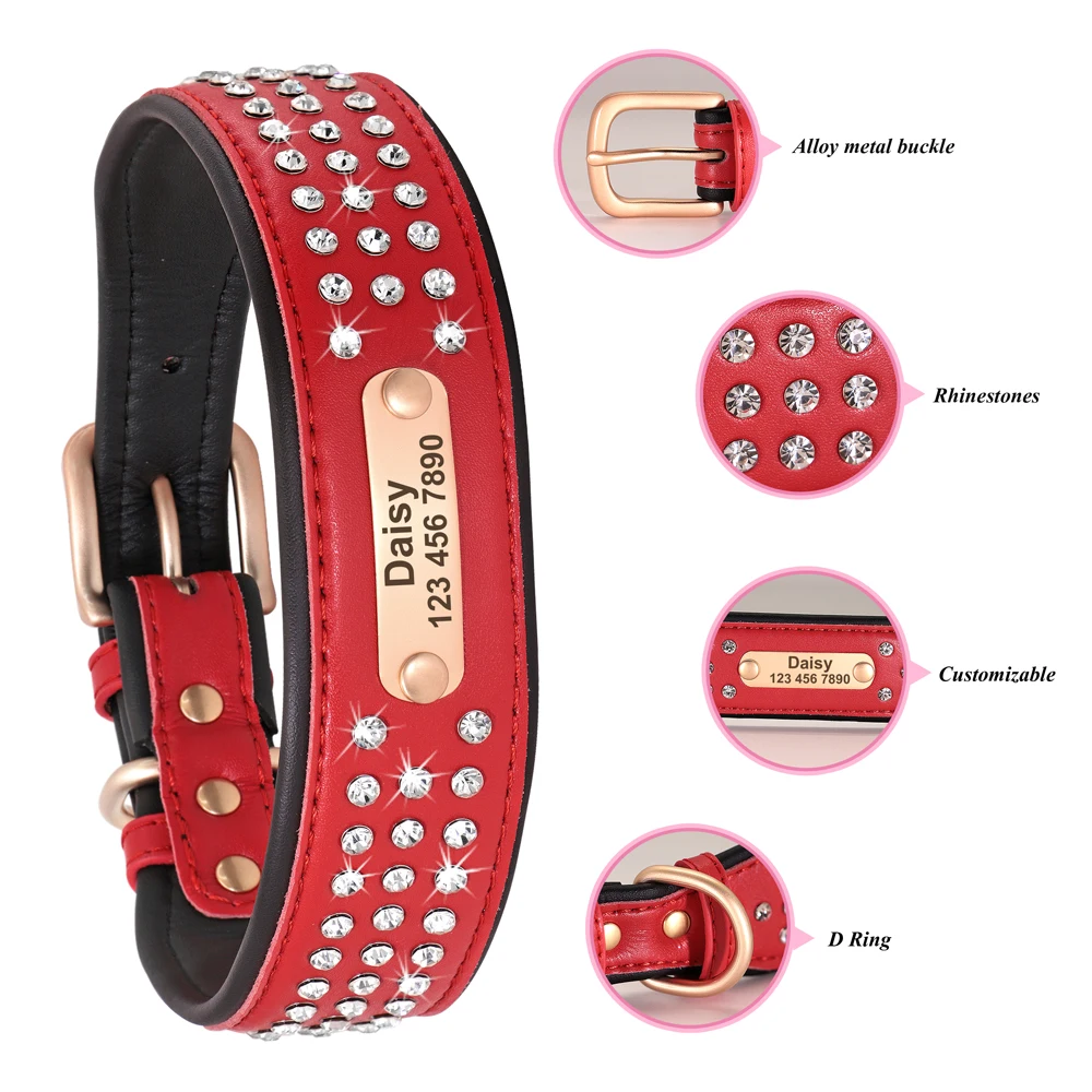 Bling Rhinestone Dog Collar Personalized PU Leather Dog Necklace Soft Padded Crystal Collars Free Engraved For Medium Large Dogs