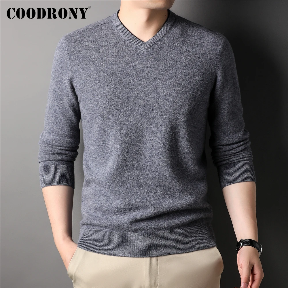 COODRONY 100 Pure Merino Wool Solid Color VNeck Knitted Sweater Men Clothing Brand Autumn