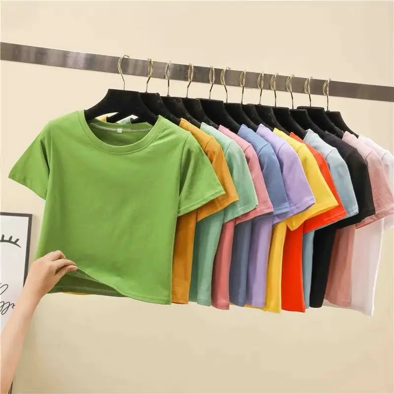 9 Colors Solid Crop Top Women Summer Sexy T-shirt Woman Short Sleeve O-Neck Tee Shirt Femme Skinny Basic Tshirt Korean Clothes - Image 2