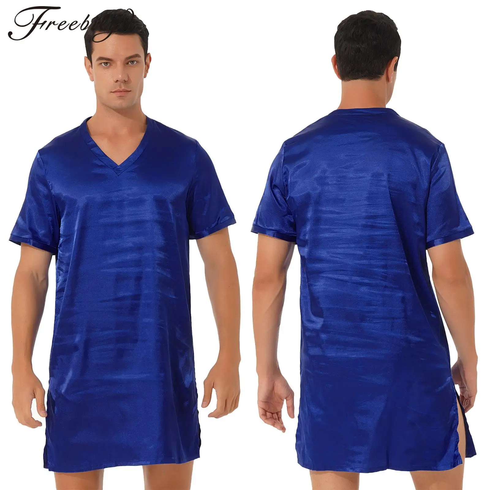 

Men Women Ualsex V-neck Short Sleeve High Quality Satin Material Sleepwear Long Nightgown Homewear Sides Split Smooth Nightwears