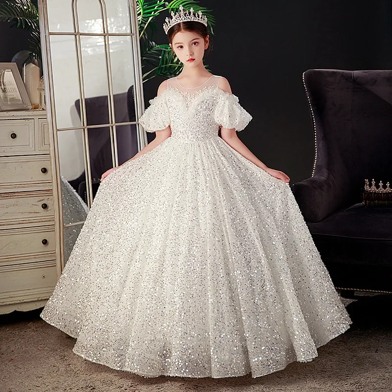 

Children Evening 2024 Teenage Elegant Luxurious Host Dress Matching Girls Sequins Big Ball Gown for Formal Occasions Clothes