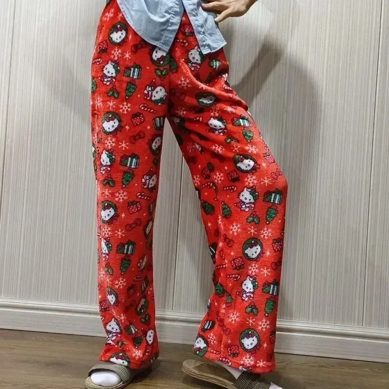 Hello Kitty Y2k Kawaii Anime Flannel Pajamas Women'S Warm Woolen Cartoon Casual Home Pants Autumnfashion Trousers Cartoo