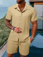 Men's beach suit striped solid color short sleeve shorts shirt Sports casual breathable lightweight high quality men's wear ins 1