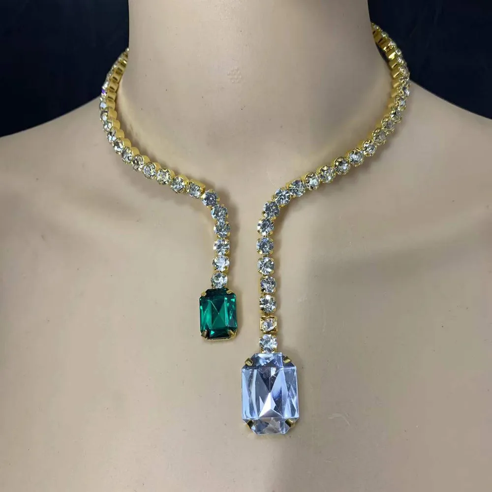 Double Big Crystal Pendant Cuff Collar Necklace Torques Shiny Rhinestone Open Choker Necklace for Women Wedding Jewelry,metal choker necklace,velvet choker necklaces